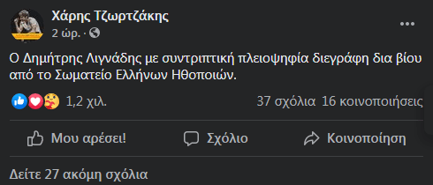 Χάρης Τζωρτζάκης διαγραφή λιγνάδη