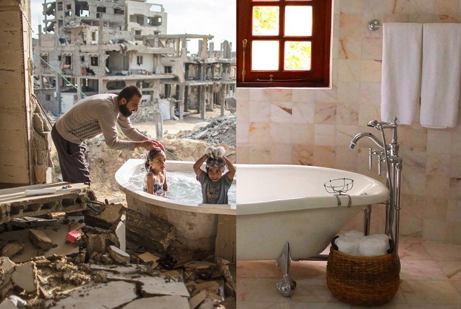 άνδρας πλένει παιδιά σε μπανιέρα μετά από βομβαρδισμό